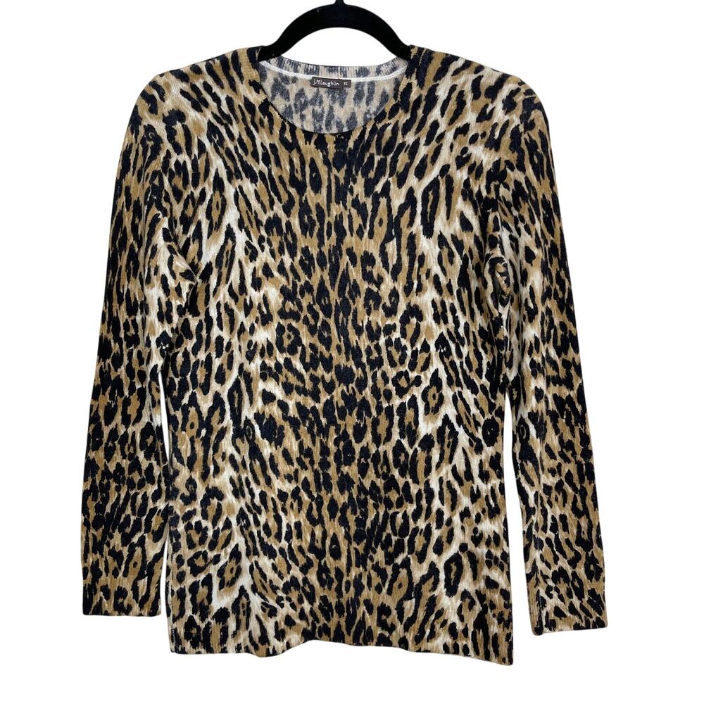J Mclaughlin Leopard Sancerre Cashmere Sweater XSmall XS Brown Black Crew Neck